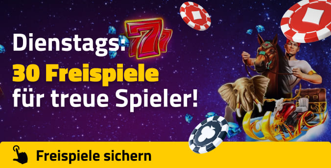 Dienstagsbonus-Angebot: Treue wird bei uns belohnt! Sichern Sie sich jeden Dienstag 30 Freispiele als regelmäßiger Spieler und erhöhen Sie Ihre Gewinnchancen